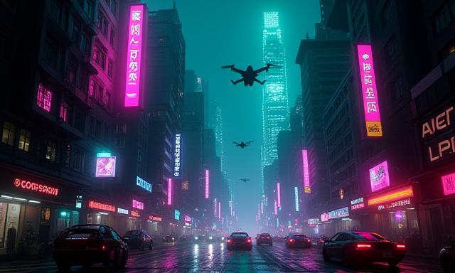 Entorno 3D de una ciudad cyberpunk iluminada por neones